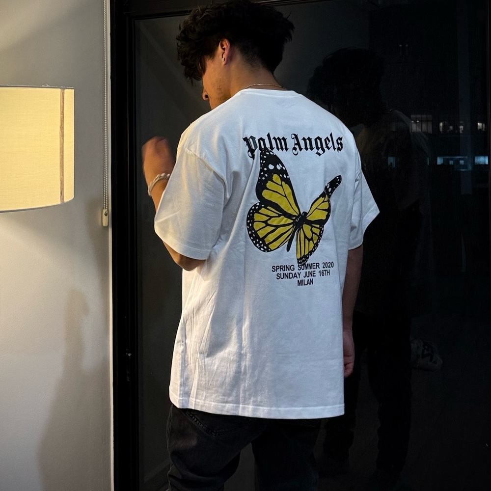 Palm Angels White Tee with Yellow Butterfly Graphic